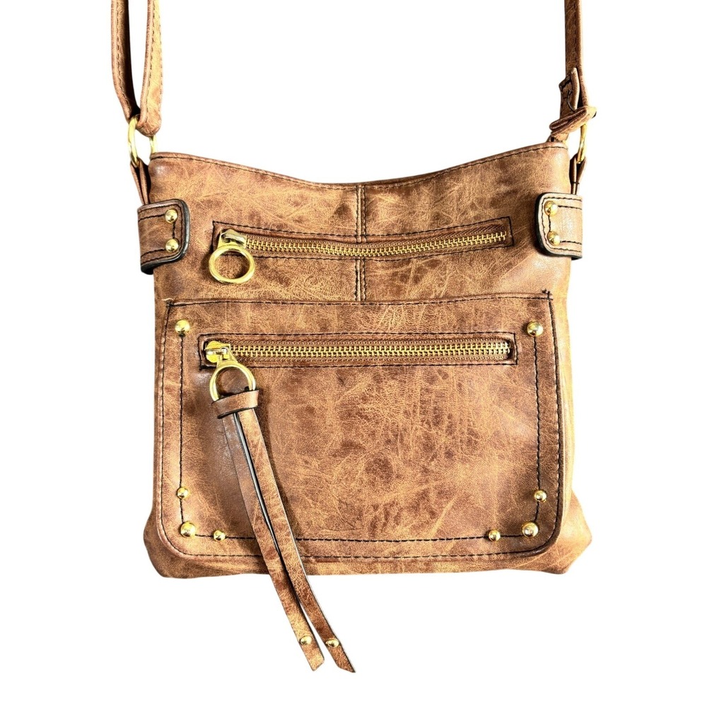 Brown‎ Distressed Faux Leather Crossbody Bag Gold Studded Multi Pocket Purse